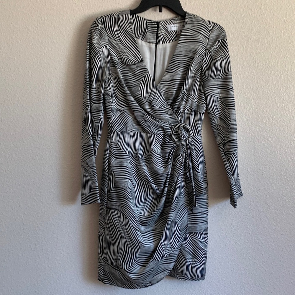 Trina Turk Fauz Wrap Career Church Dress Long Sleeve Black/White SZ 0